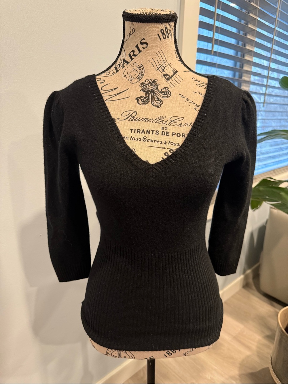 bebe Black V-Neck Fitted Sweater with Puff Shoulders